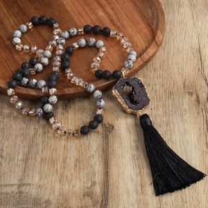 Luxe Druzy Beaded Glass Knot Tassel Long Wrap Necklace